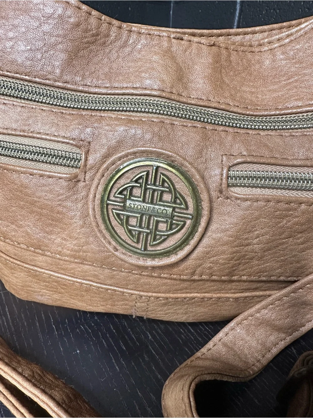 Stone & Co brand - Tan Crossbody Shoulder Bag - Purse w Brass colored Hardware